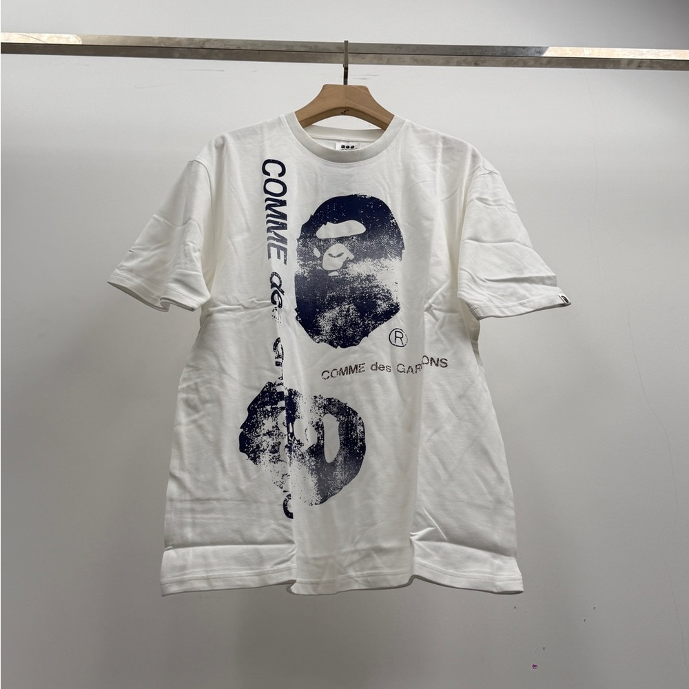 Comme des Garcons White T-Shirt with Navy Graphic Ape Print